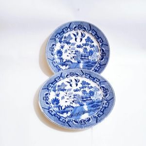 Vintage Blue Willow Flow Blue Dinner Plates Japan Blue and White Set of 2 (su1)